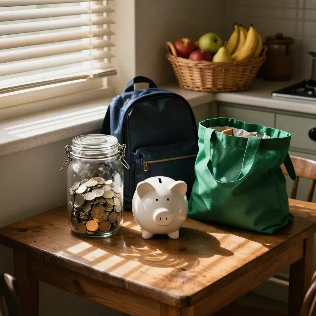 Tarro de ahorro, hucha blanca, mochila cerrada y cesta de fruta en una cocina familiar