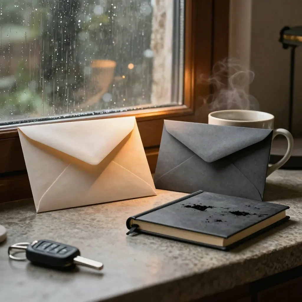 Sobres opacos, llave de coche, libreta cerrada y taza fría sobre piedra junto a una ventana con lluvia.