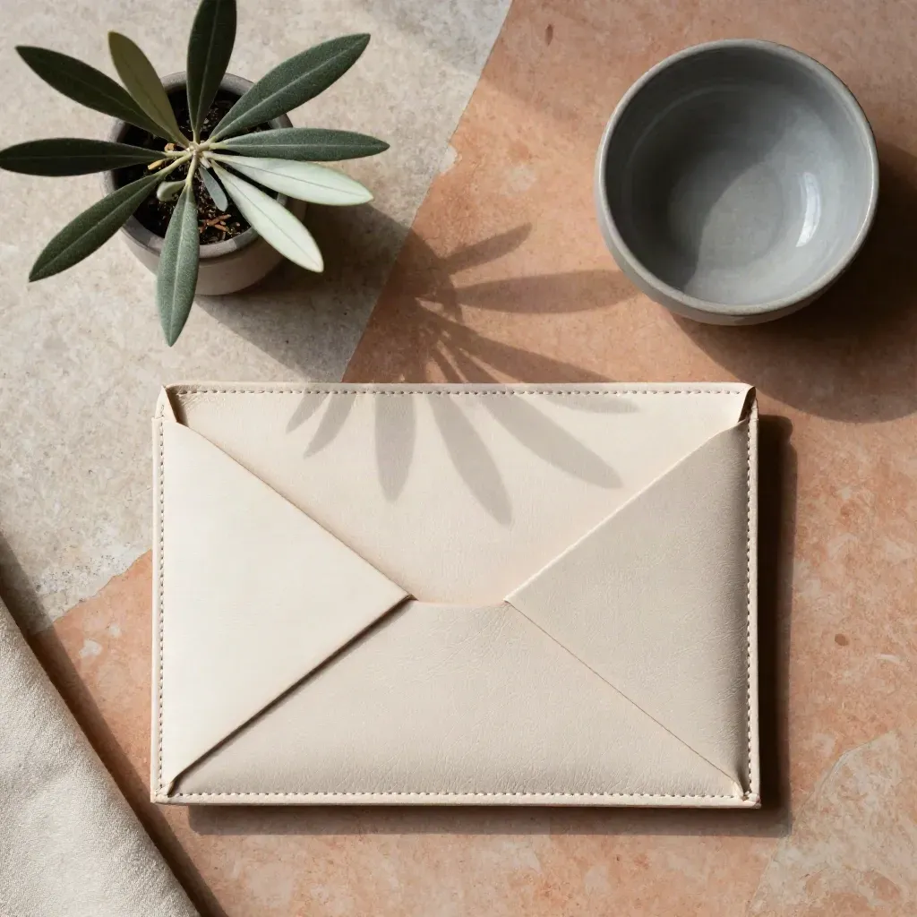 Cartera de sobres de cuero crema, planta pequeña y cuenco cerámico sobre terracota.